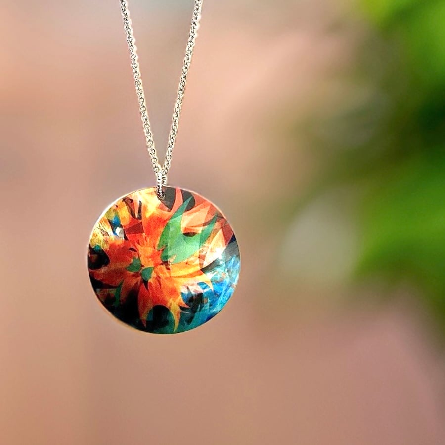 Orange teal necklace, 32mm abstract disc pendant, handmade jewellery (693)