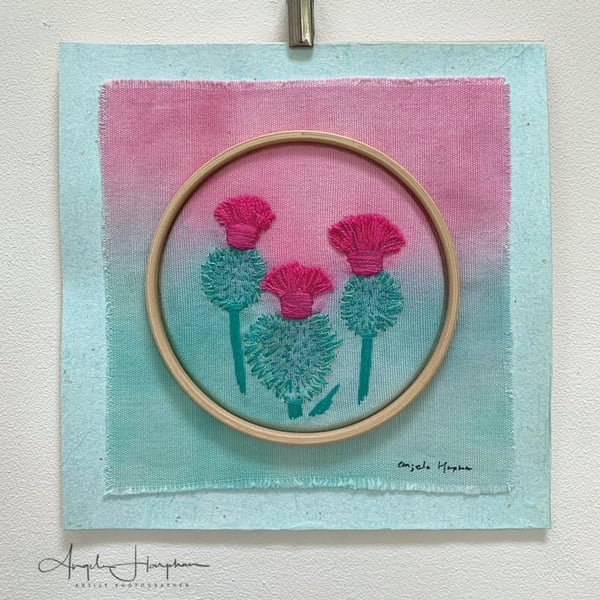 Wall Art - Hand Embroidery with Watercolour - Knapweed