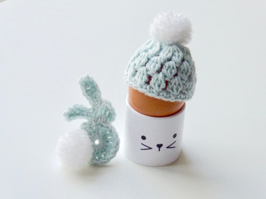 Egg cosy and bunny, pale blue egg cosy, crochet egg cosy with a rabbit