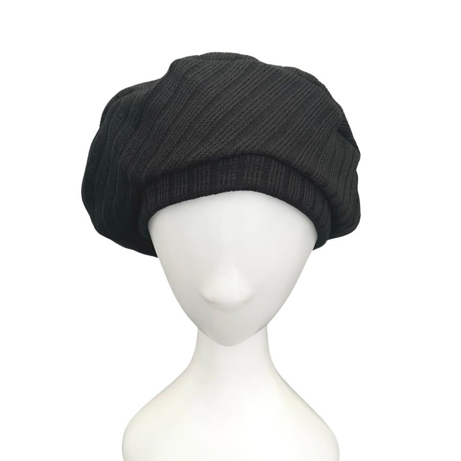 Black Knit Beret Hat for Ladies Warm Stylish Handmade Winter Hat Gift for Her