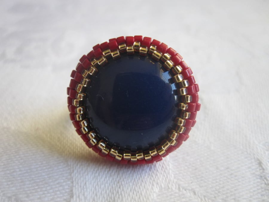 Red, Blue and Gold Beadwork Ring