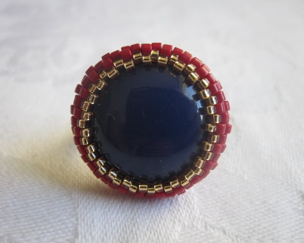Red, Blue and Gold Beadwork Ring