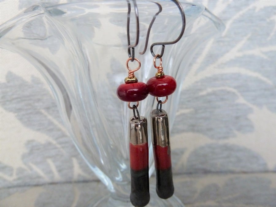 copper, red and gold lampwork and ceramic earrings
