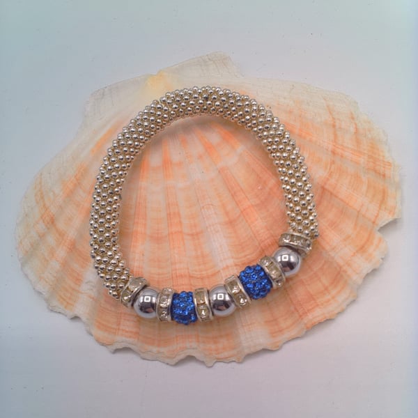 Deep Blue Sparkly Bead and Round Haematite Bead Snowflake Bracelet