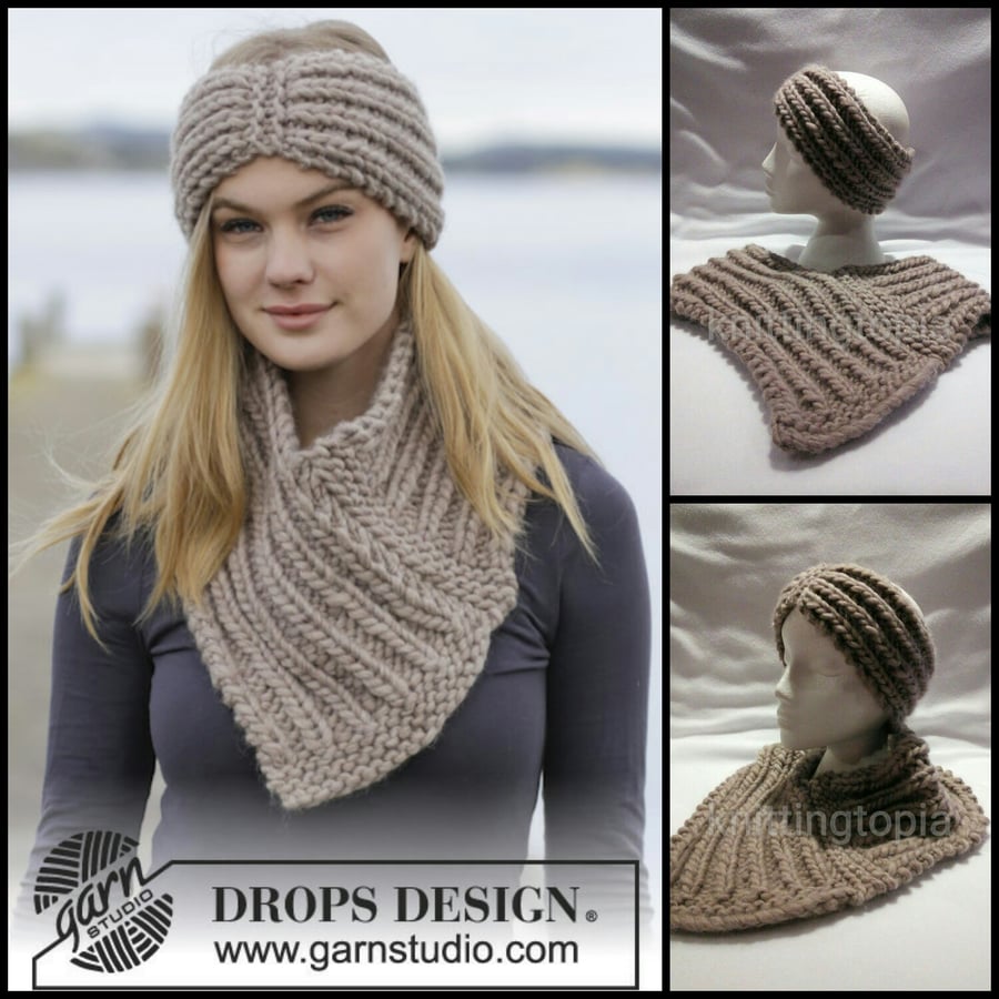 Hand knitted ladies womens chunky headband and neck warmer cowl scarf 