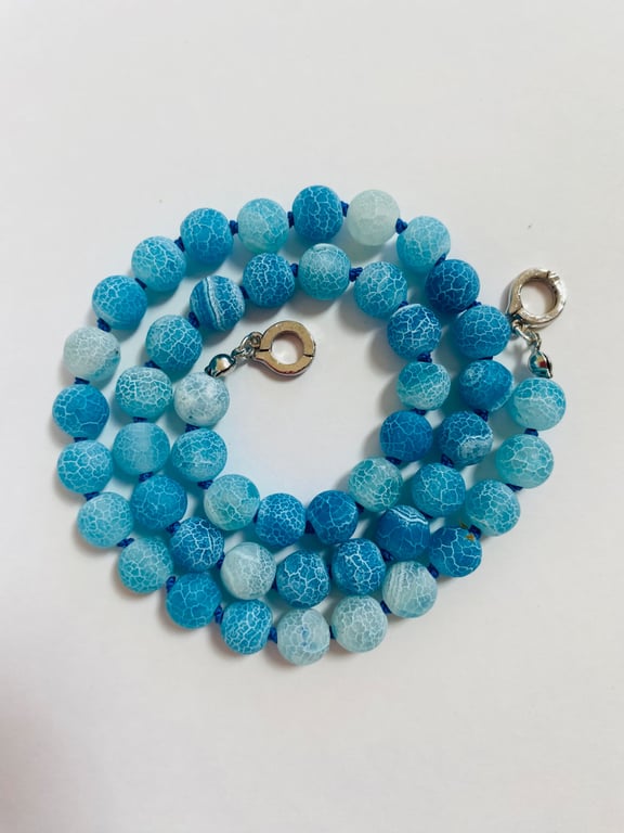 Turquoise Frosted glass 8mm hand knotted necklace v