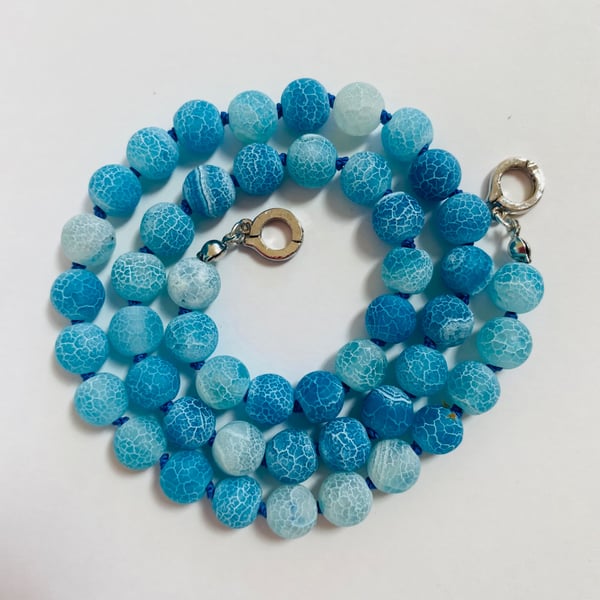 Turquoise Frosted glass 8mm hand knotted necklace v
