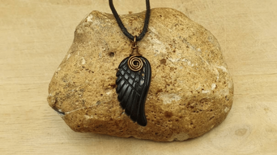 Unisex obsidian angel wing necklace