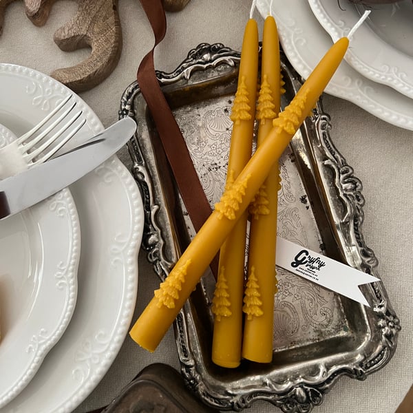 Pure Beeswax Christmas Tree Design Taper Candles
