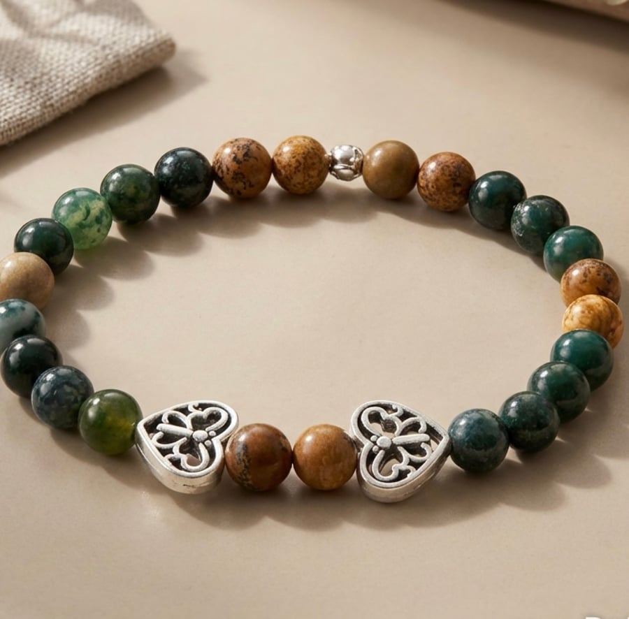 Moss Agate and Jasper Gemstone Bracelet