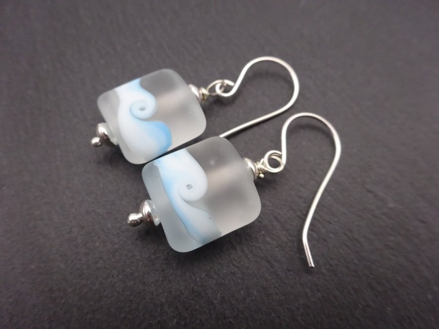 lampwork glass earrings, blue frosted waves