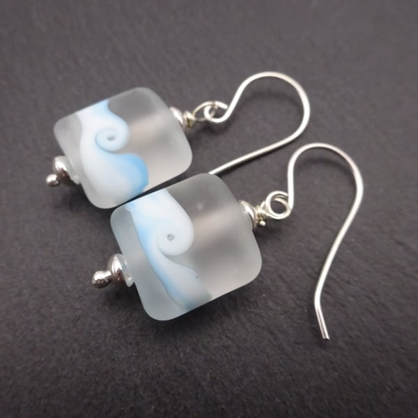 lampwork glass earrings, blue frosted waves
