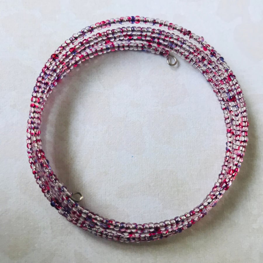 Clear , Red & Purple Seed Beaded Bracelet 