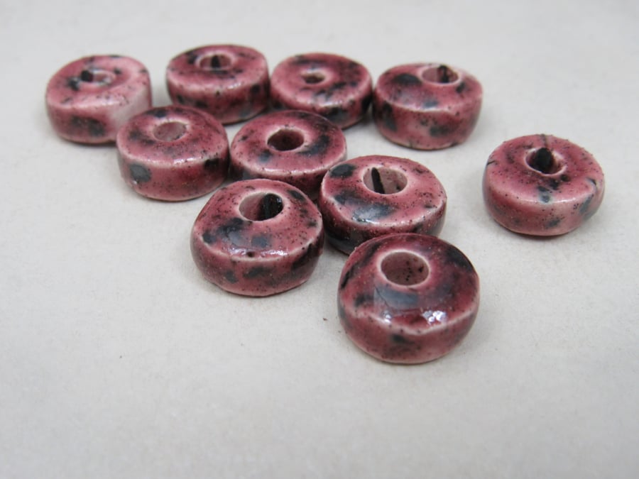 10 Small Speckled Rose Glazed Ceramic Washer Beads