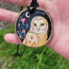 Hand Painted Owl Wood Slice Magic Amulet, Wise Spirit Animal Pendant, Rustic Wil
