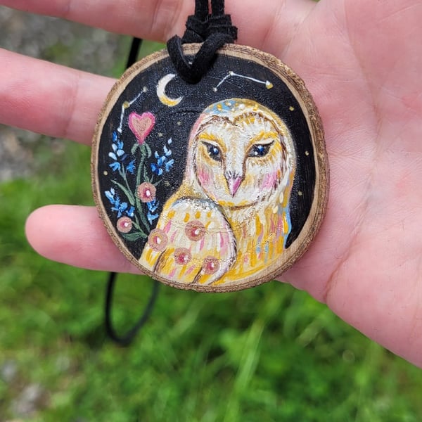 Hand Painted Owl Wood Slice Magic Amulet, Wise Spirit Animal Pendant, Rustic Wil