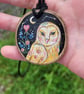 Hand Painted Owl Wood Slice Magic Amulet, Wise Spirit Animal Pendant, Rustic Wil