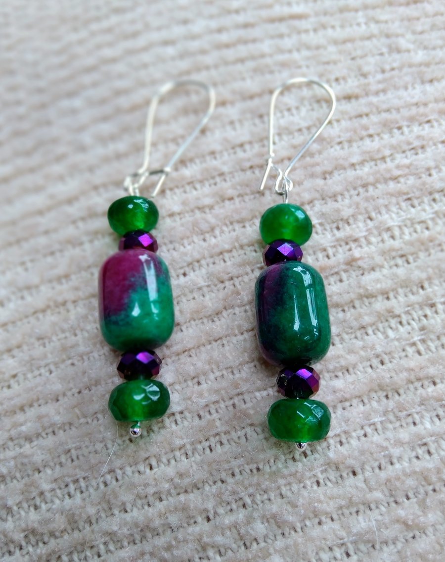 Smooth Ruby in Zoisite and emerald GEMSTONE and crystal beaded earrings