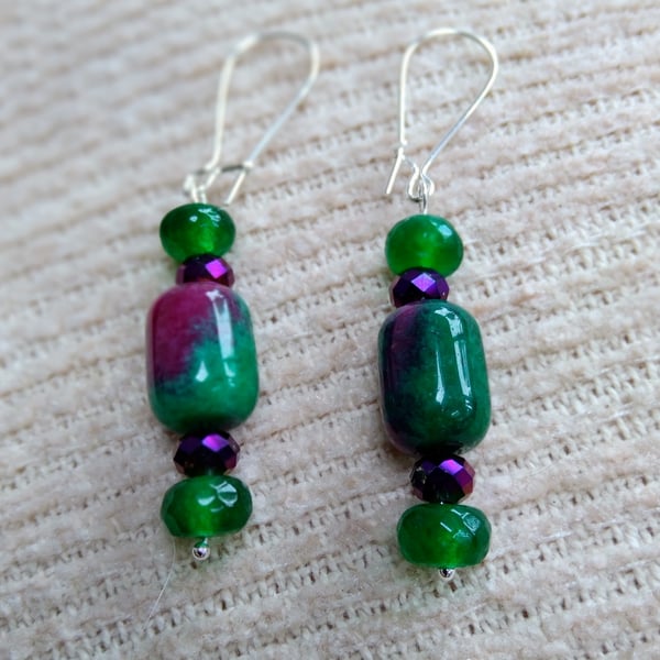 Smooth Ruby in Zoisite and emerald GEMSTONE and crystal beaded earrings