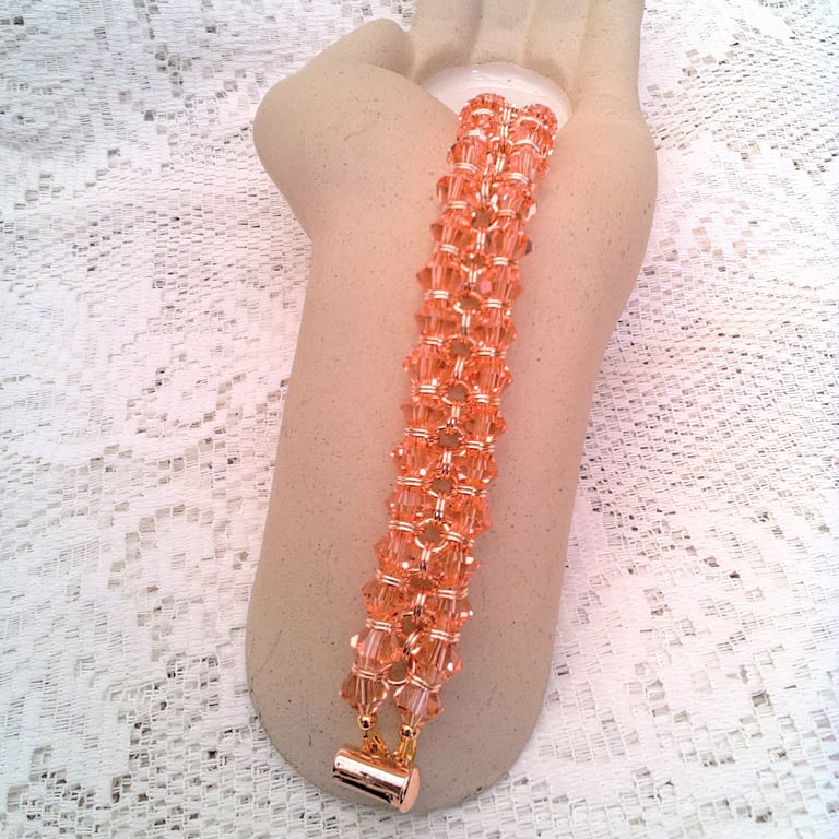 Baby Pink Crystal and Rose Gold Chain Maille 2 Strand Bracelet, Crystal Bracelet
