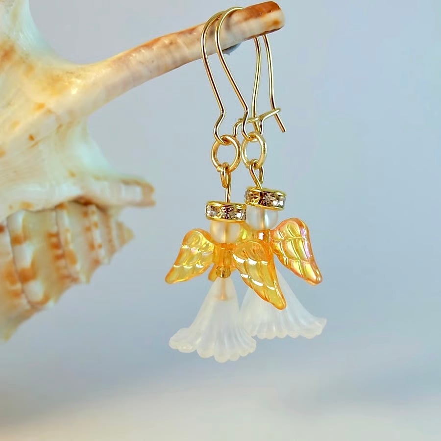 Angel Earrings White & Gold, Stocking Fillers, Secret Santa, Christmas Gifts