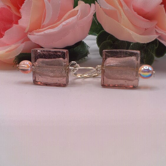 Pale Lilac Square Bead Earrings, Lilac Earrings, Gift for Her, Square Earrings