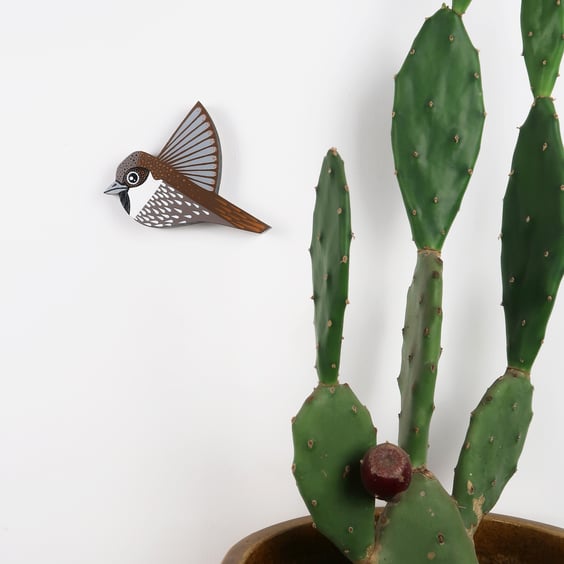 Wooden house sparrow wall hanging, hand painted flying bird art.