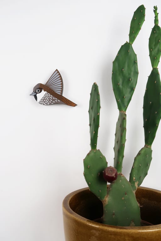 Wooden house sparrow wall hanging, hand painted flying bird art.