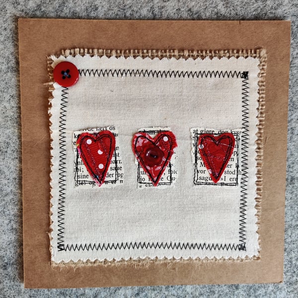 Handmade, fabric, free motion machine embroidery Valentine's Day cards  