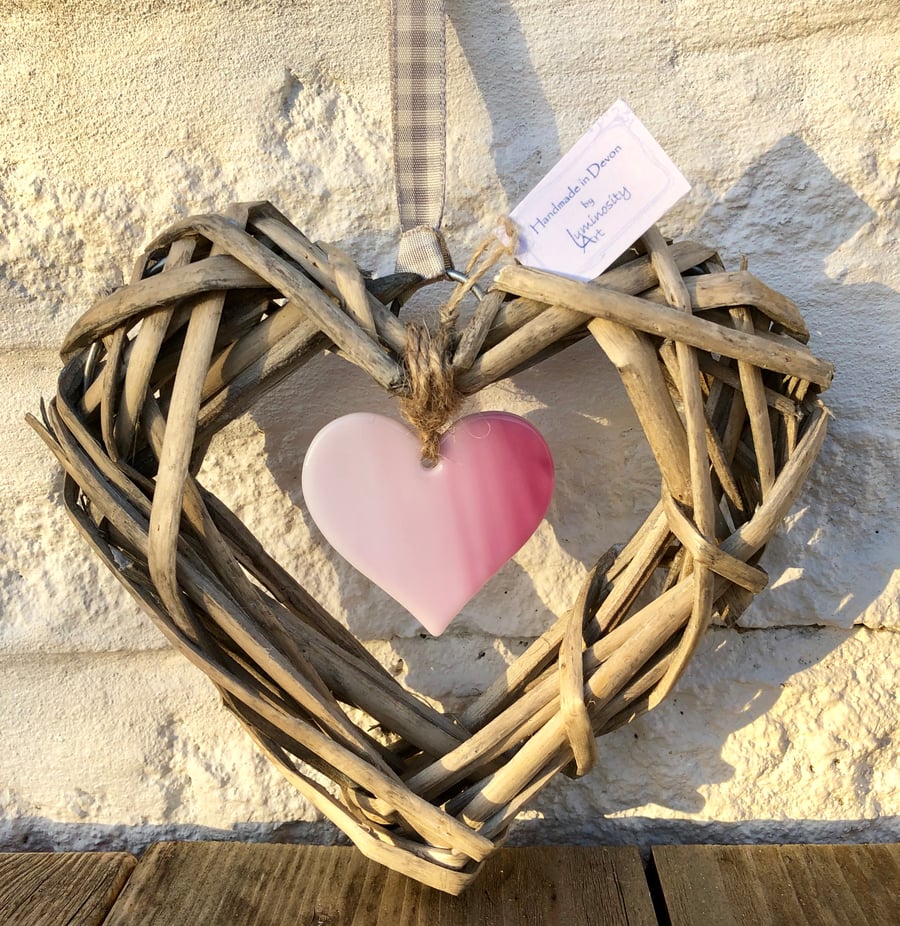 Pink Art Glass & Wicker Hanging Heart hung on a soft grey Ribbon