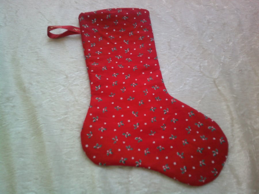 Small Holly with White Hearts and Stars on a Red Background 10.5 inch Stocking