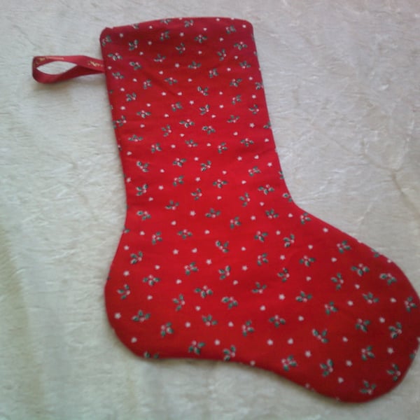 Small Holly with White Hearts and Stars on a Red Background 10.5 inch Stocking