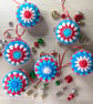 Crochet Christmas Baubles Set of 6 - Turquoise Red  & White - Tree Decorations