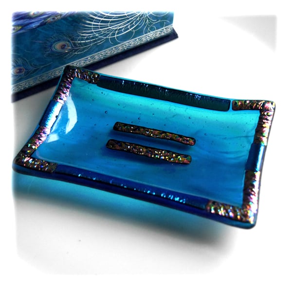 Soap Dish Fused Glass Turquoise dichroic Trinket 018