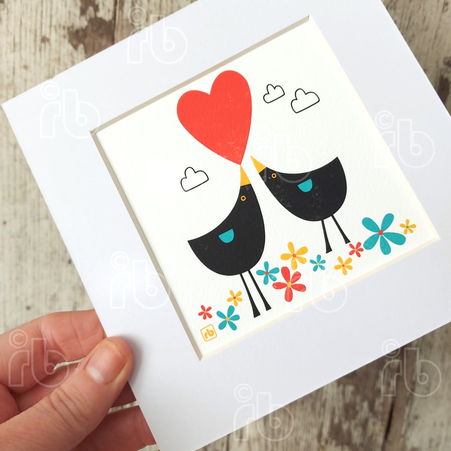 Blackbirds In Love, modern bird print, original Giclee print