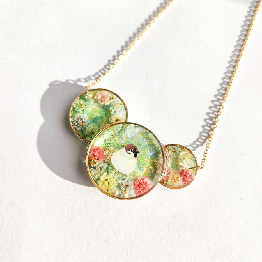 Bird Necklace with Real Dried Flowers