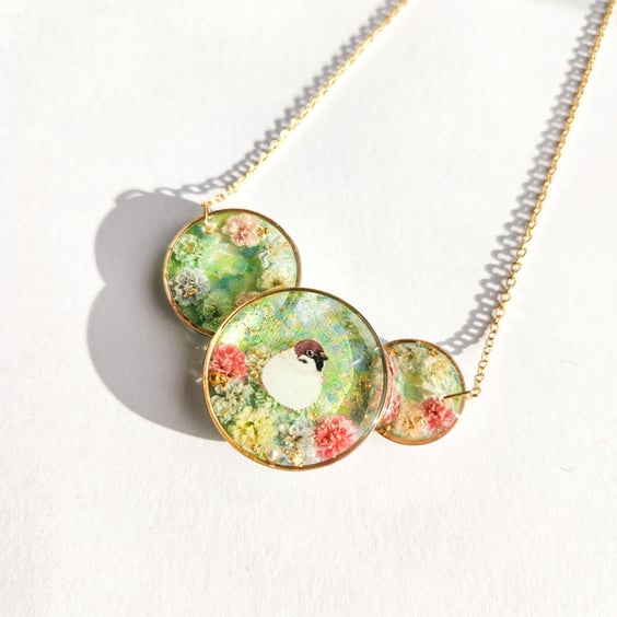 Bird Necklace with Real Dried Flowers