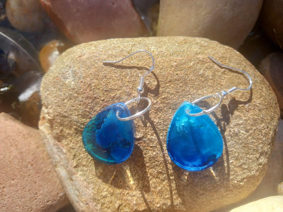 Small Blue and Silver Tear Drop Earrings