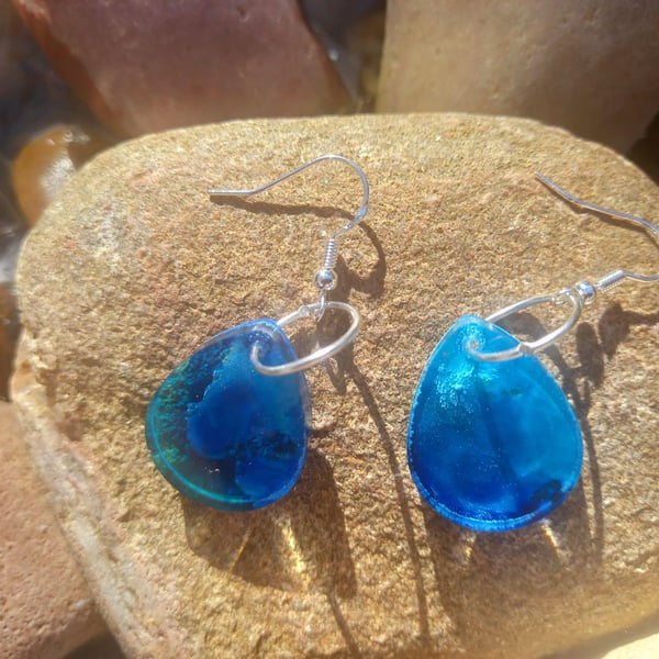 Small Blue and Silver Tear Drop Earrings
