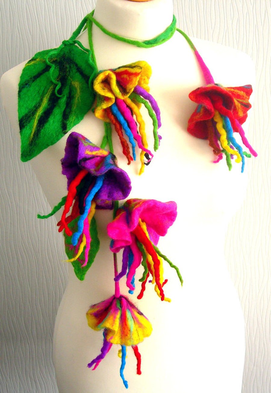 FELTED  NECKLACE -scarf- belt ---100% WOOL- Wild  flowers -