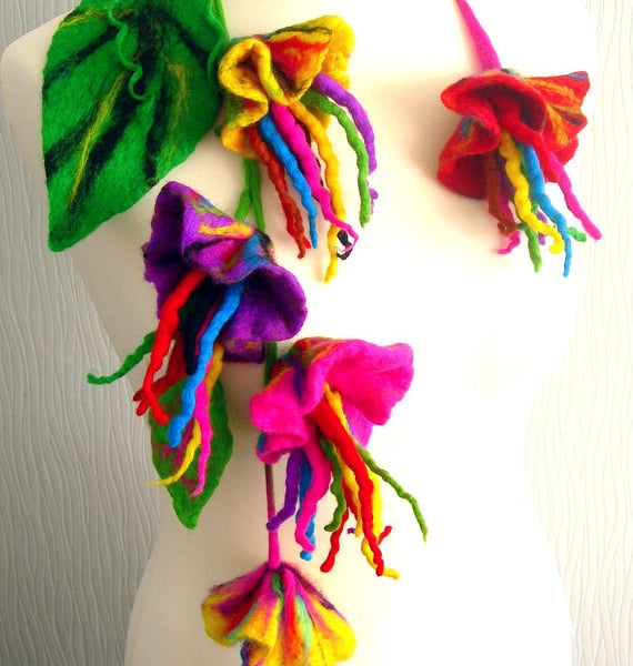 FELTED  NECKLACE -scarf- belt ---100% WOOL- Wild  flowers -