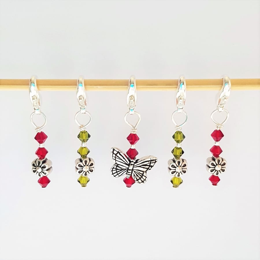 Crochet Stitch Markers (Green & Red, Butterfly & Flowers)