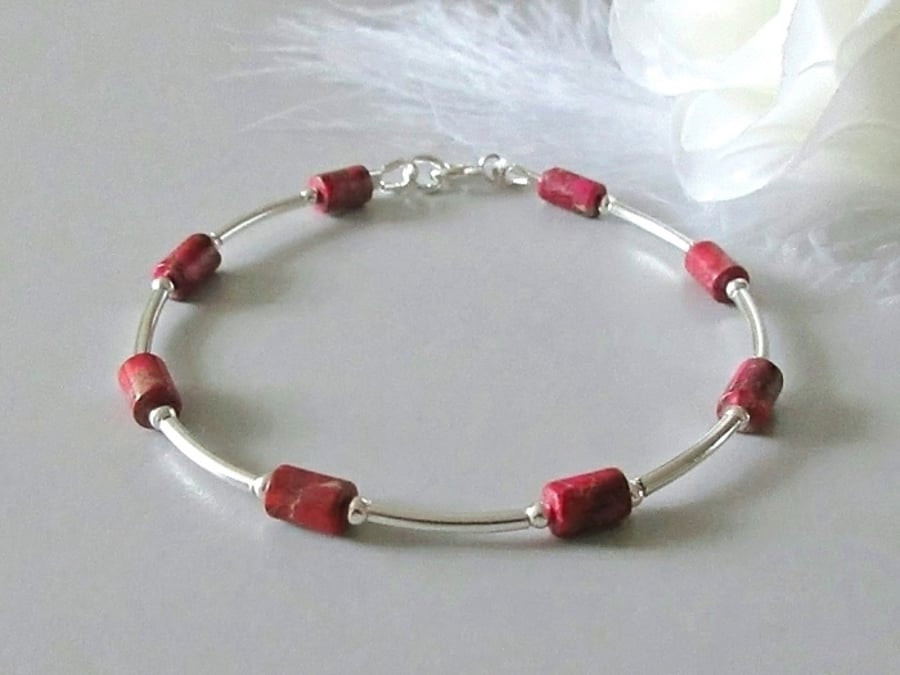 Cerise Pink Impression Jasper Bangle Bracelet With Sterling Silver Tubes