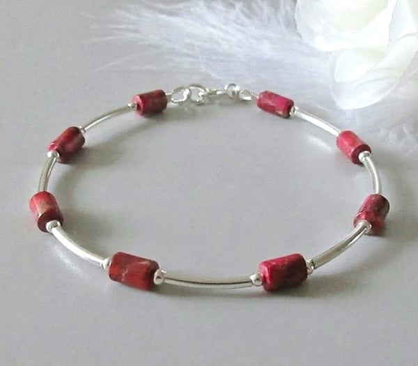 Cerise Pink Impression Jasper Bangle Bracelet With Sterling Silver Tubes