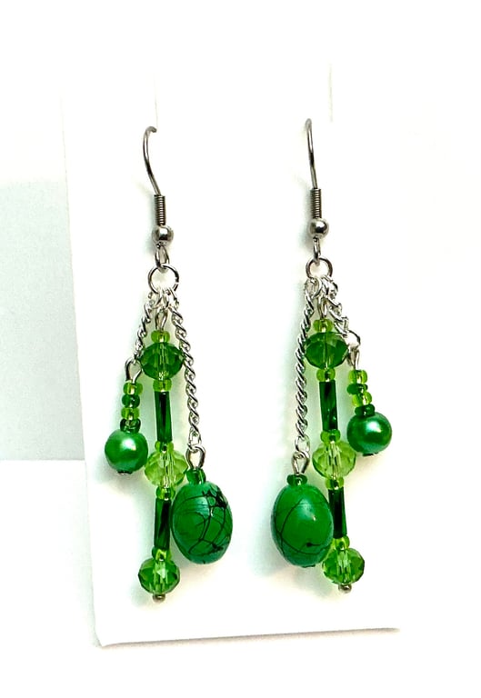 Green Beaded Cluster Dangly Earrings