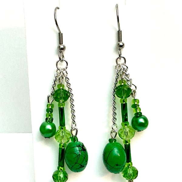 Green Beaded Cluster Dangly Earrings
