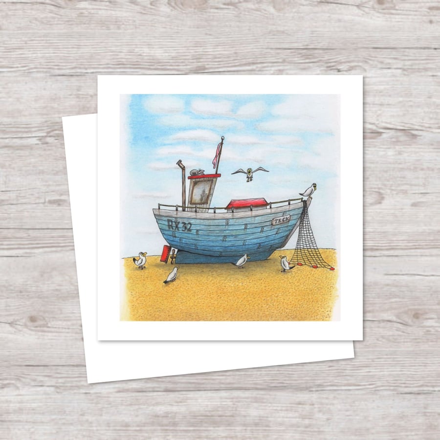 Seaside Fishing Boat Greeting Card: Hand Drawn Beach Life Illustration (809)