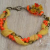 Orange Czech Bead Drops, Yellow Chiffon Ribbon & Antique Bronze Chain Bracelet
