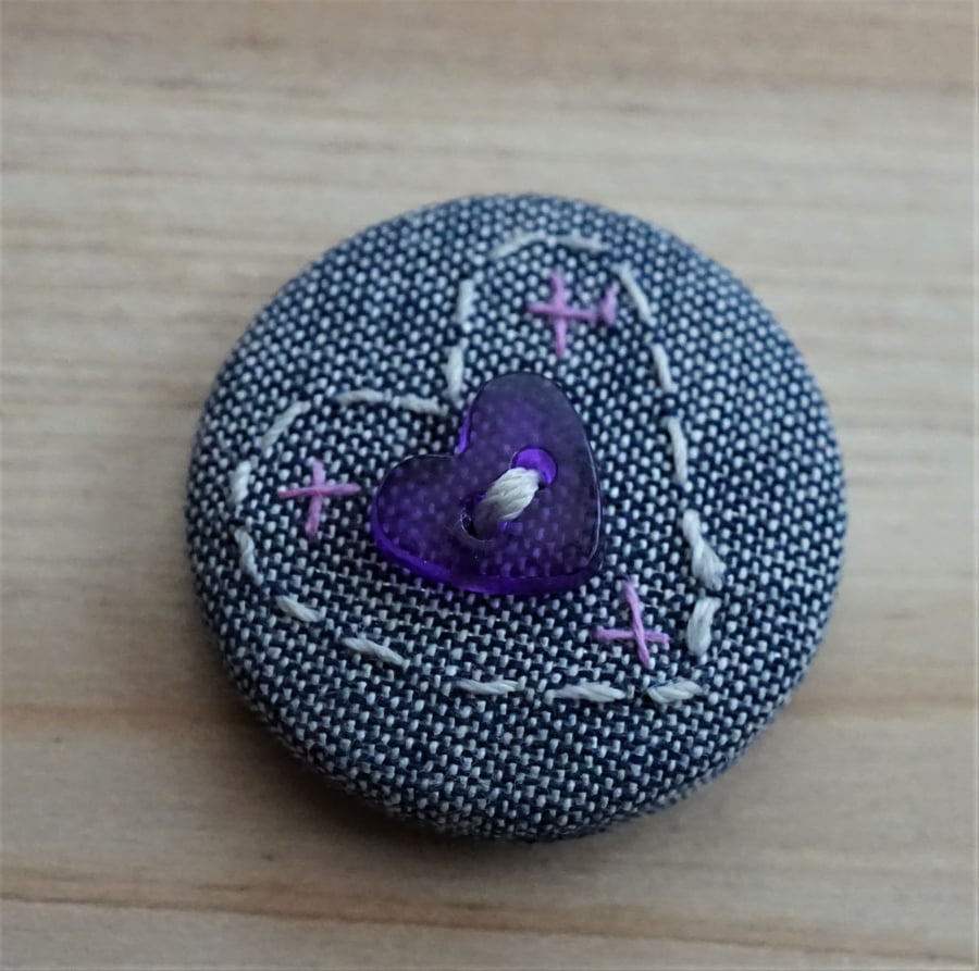 SALE Hand Embroidered Heart Badge Brooch