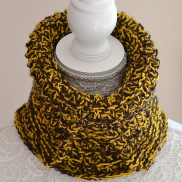 Cowl Neck  Warmer  Brown and Mustard Mock Polo Neck Knitted 